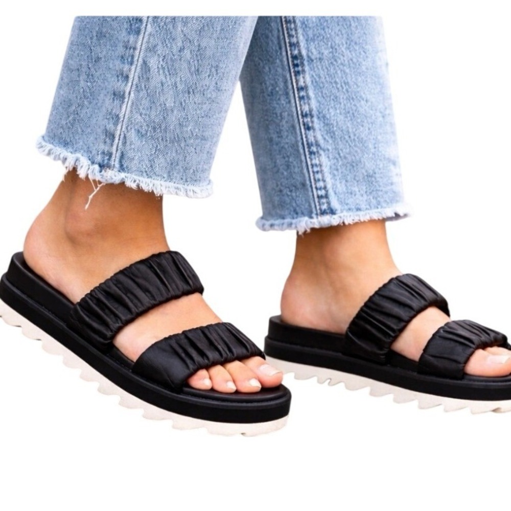 Sorel Roaming Ruched Slide Sandals Size 7 Black Leather Platform NL4717-010 Good